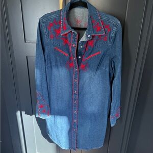 Tasha Polizzi Blue Denim Dress with Red Embroidery